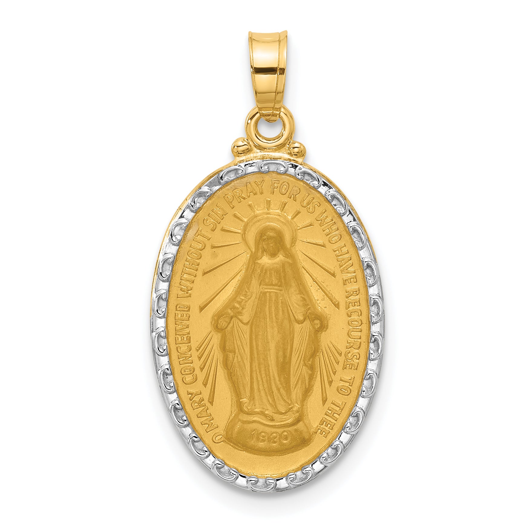 14K with Rhodium Satin and Polished Miraculous Medal Solid Oval Pendant Main image