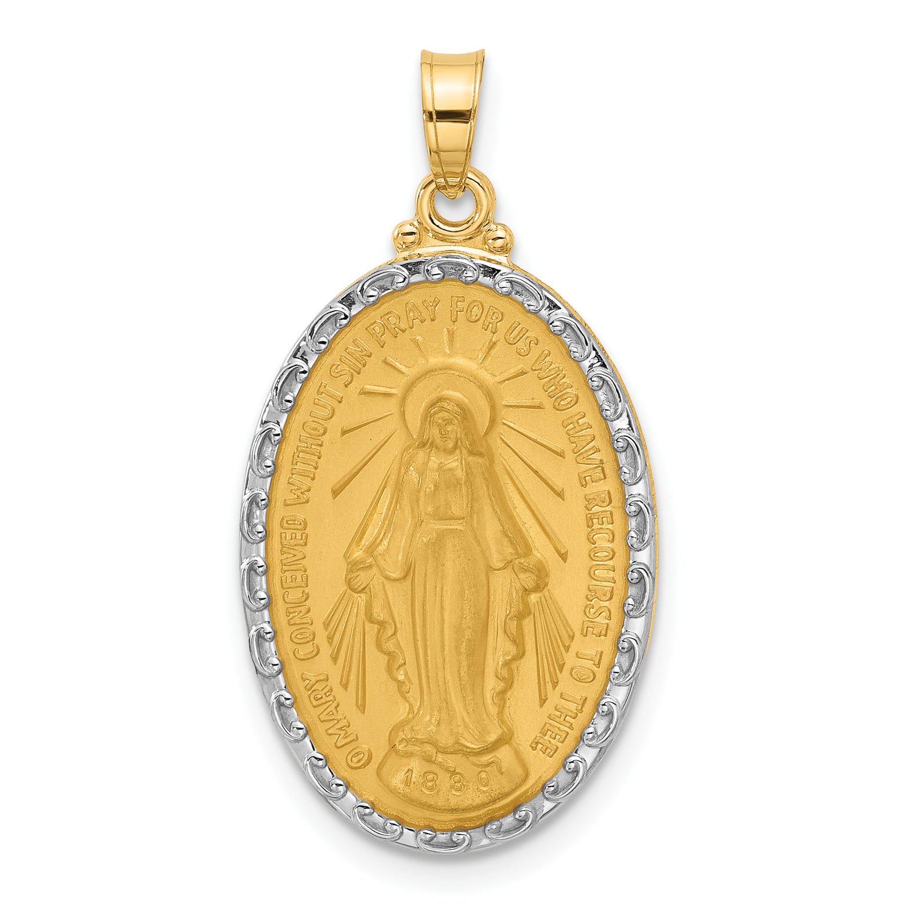 14K with Rhodium Satin and Polished Miraculous Medal Solid Oval Pendant Main image