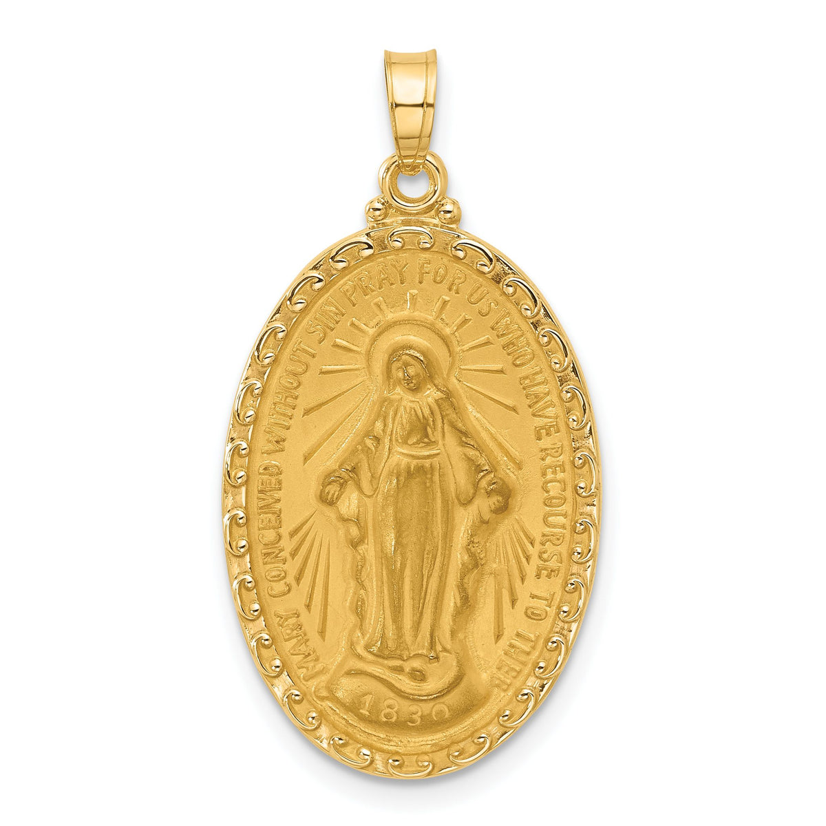 Miraculous Medal Oval Pendant in 14K Yellow Gold, 33mm Brushed & Satin - Sophia Jewelers Main image