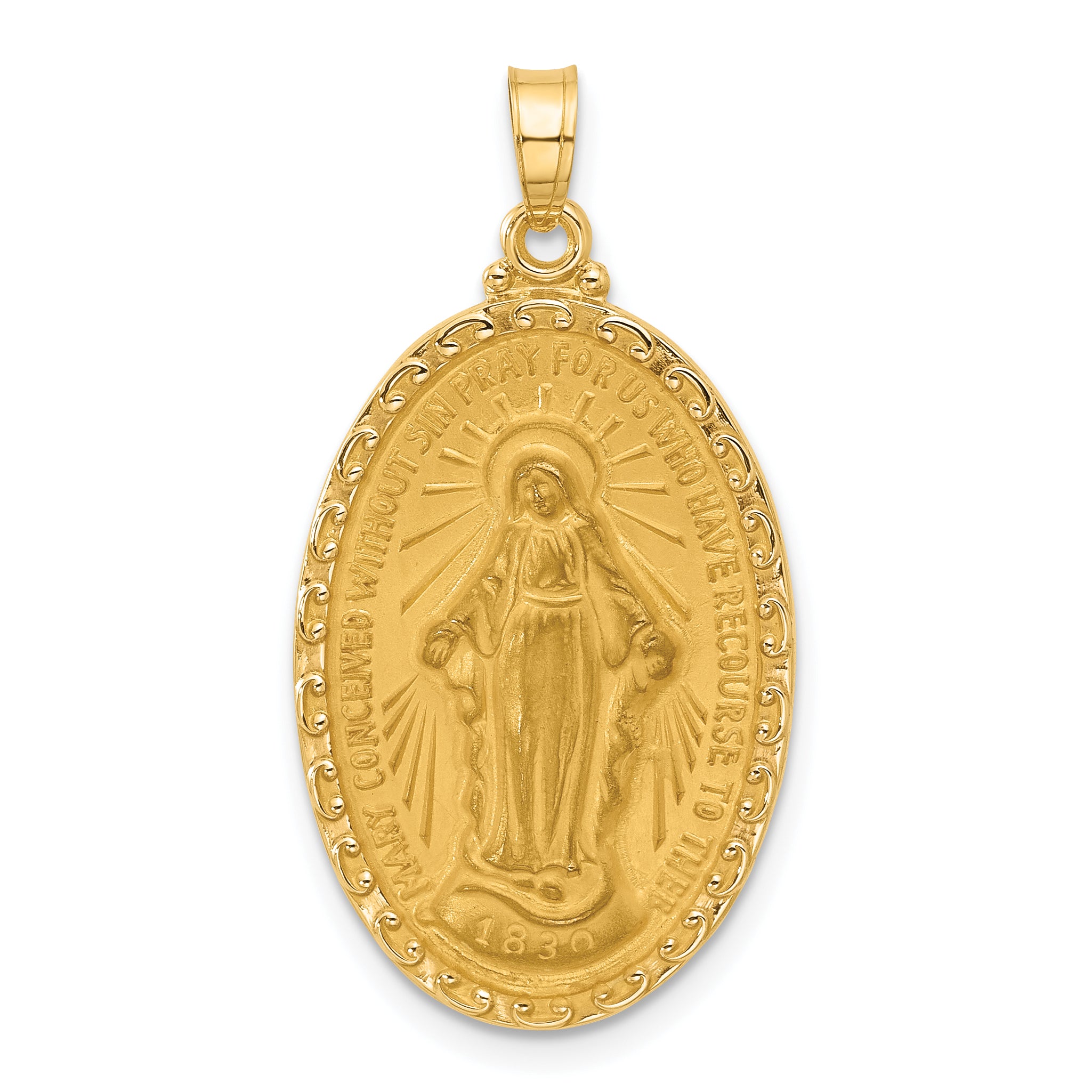 14k Satin and Polished Miraculous Medal Solid Oval Pendant Main image