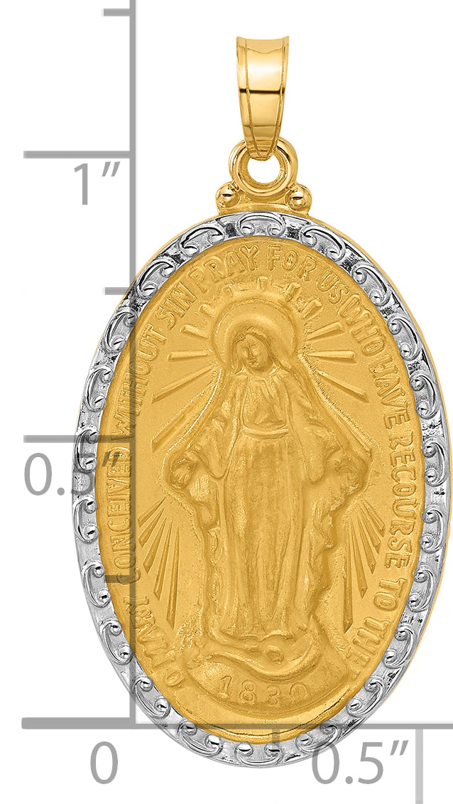 14K with Rhodium Satin and Polished Miraculous Medal Solid Oval Pendant