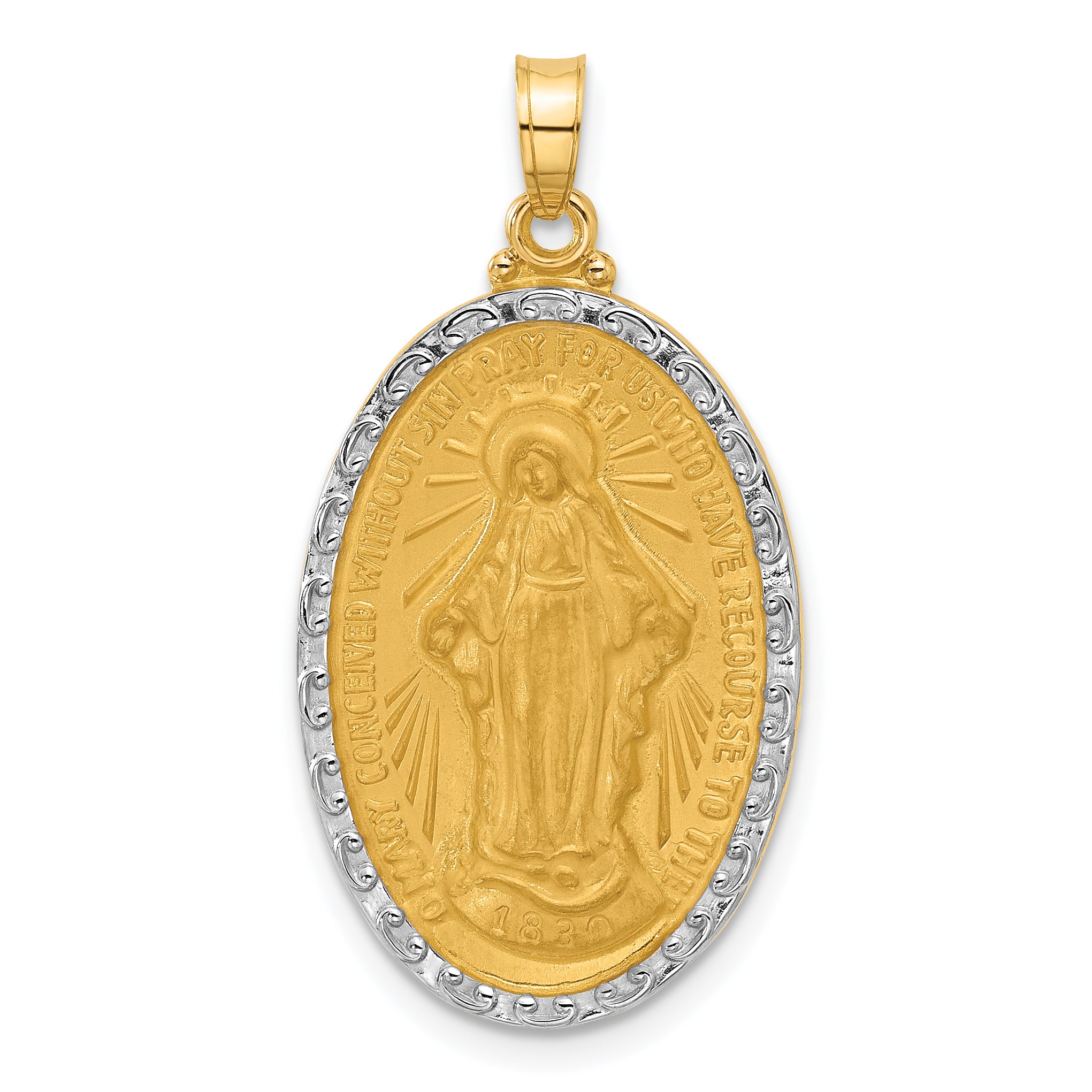 14K with Rhodium Satin and Polished Miraculous Medal Solid Oval Pendant Main image