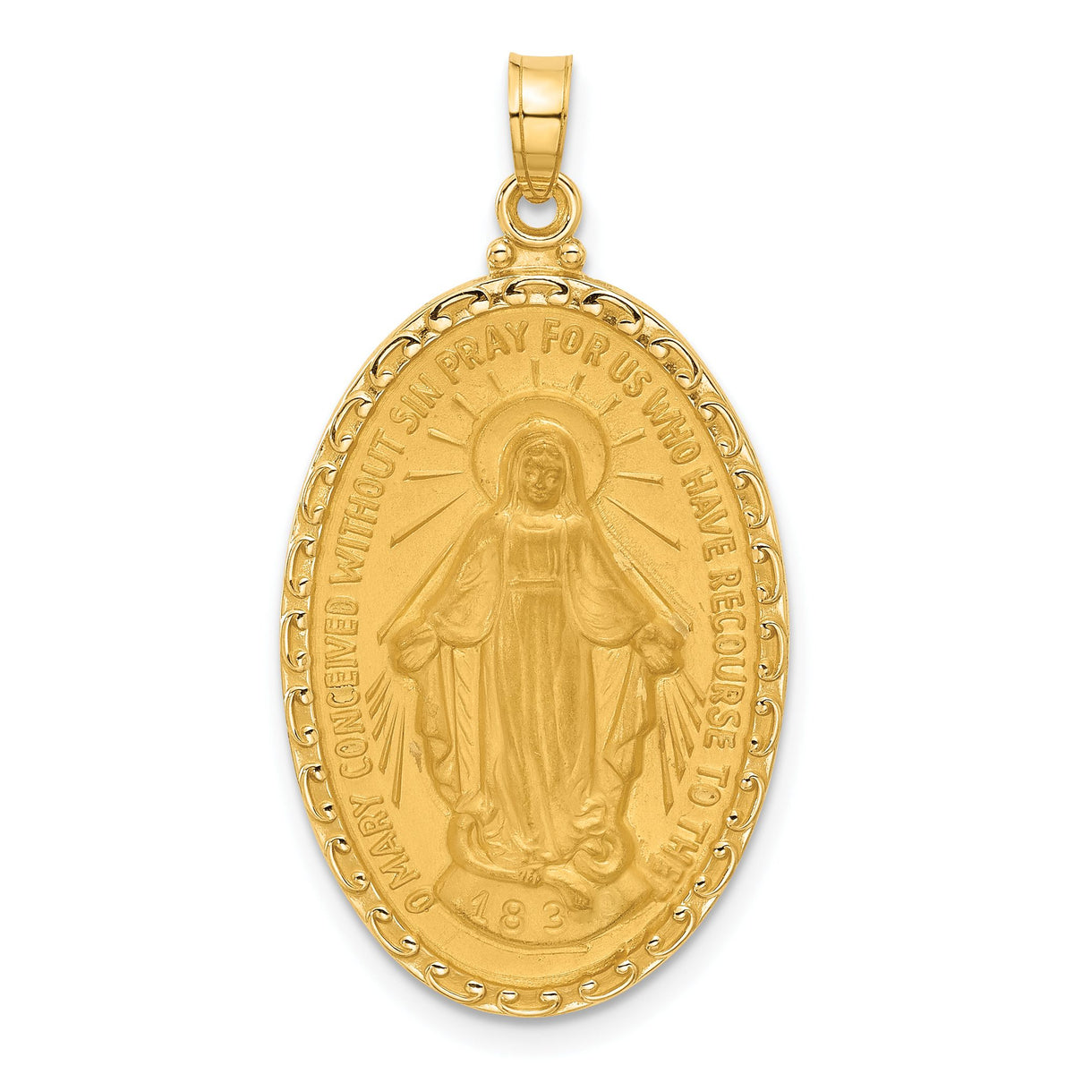 Miraculous Medal Oval Pendant in 14K Yellow Gold, 36mm Brushed & Satin - Sophia Jewelers Main image