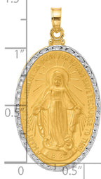 14K with Rhodium Satin and Polished Miraculous Medal Solid Oval Pendant