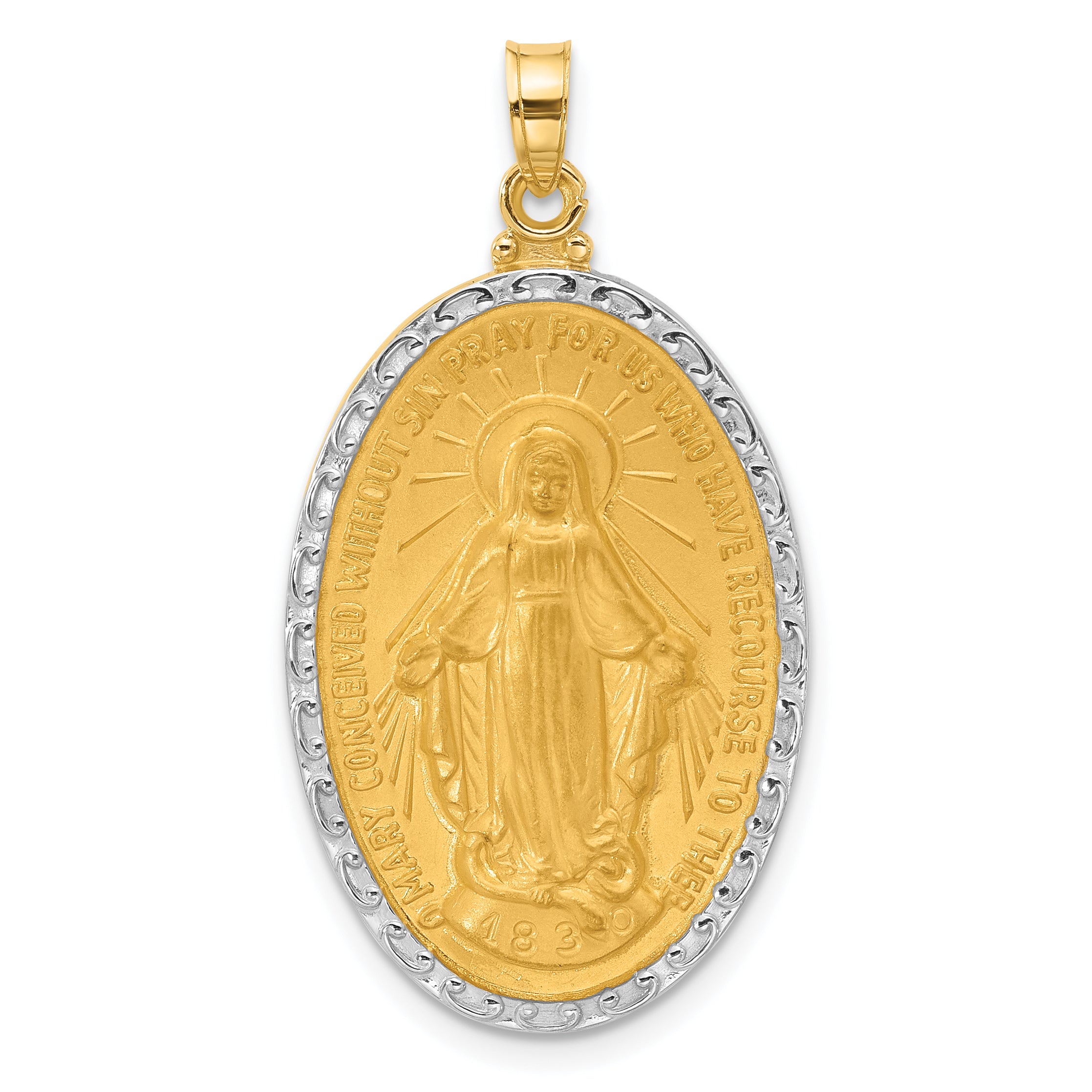 14K with Rhodium Satin and Polished Miraculous Medal Solid Oval Pendant Main image