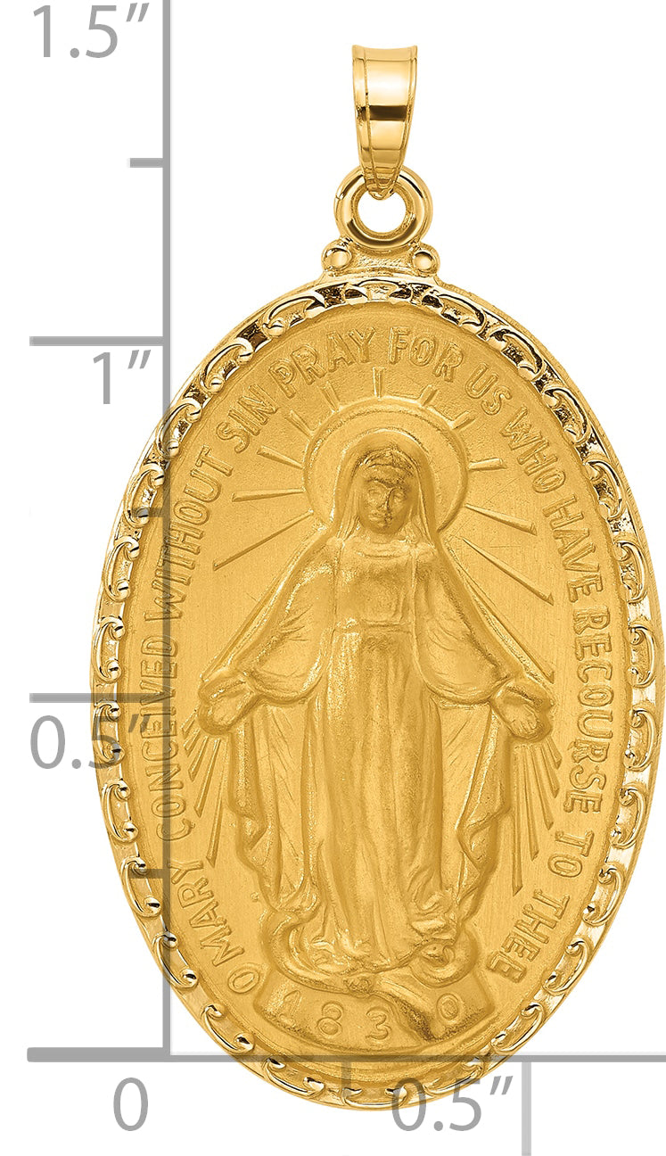 14k Satin and Polished Miraculous Medal Solid Oval Pendant