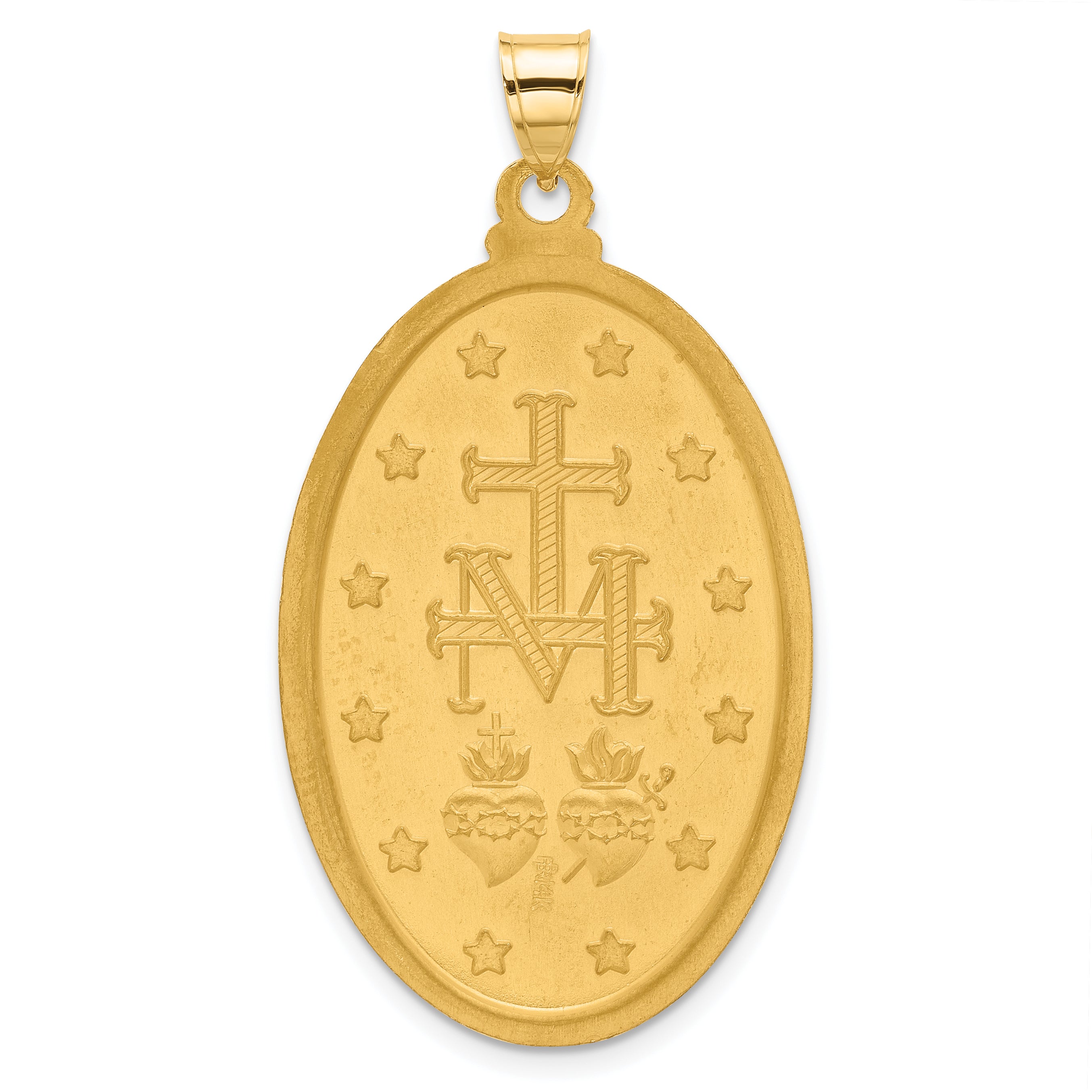 14K with Rhodium Satin and Polished Miraculous Medal Solid Oval Pendant