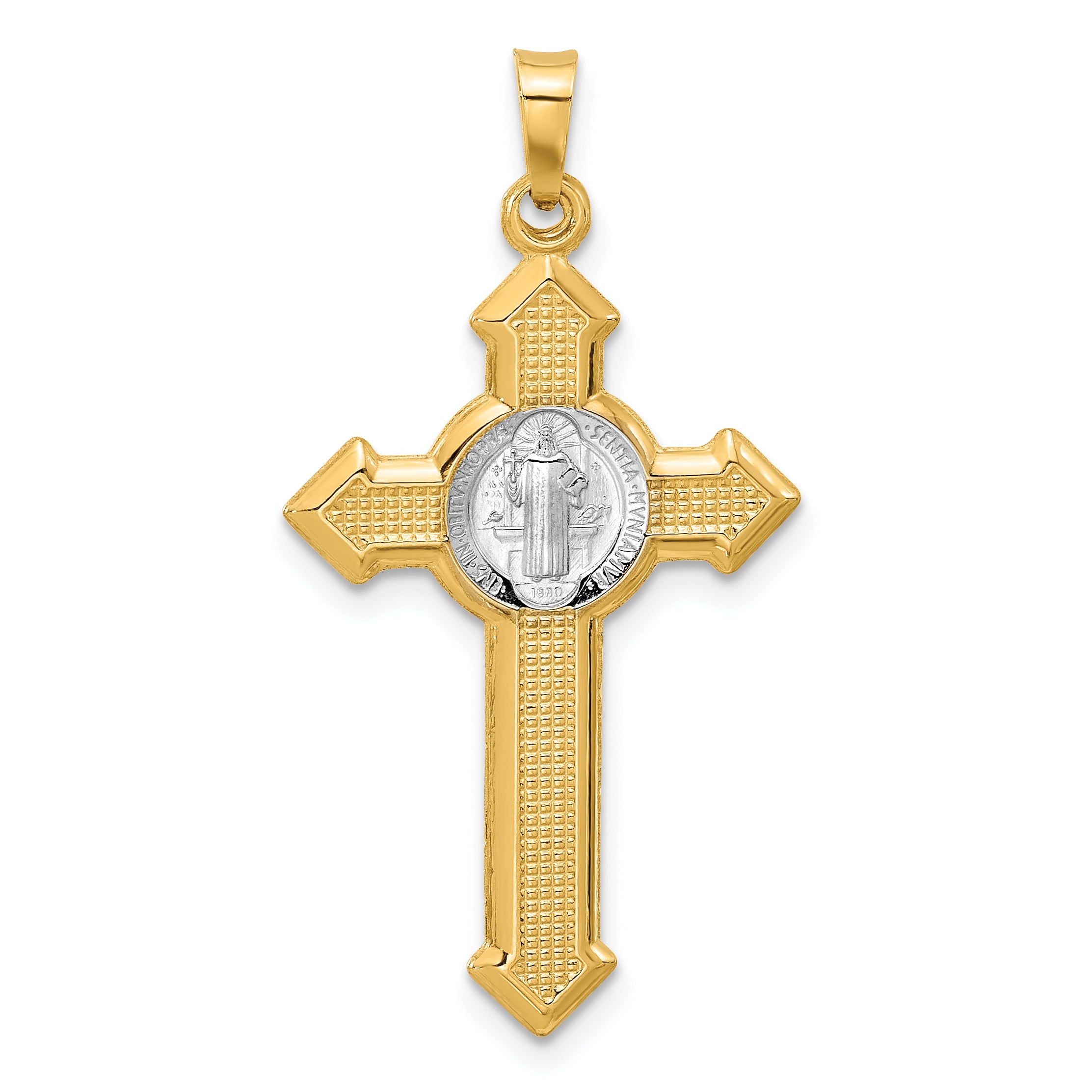 14k Two-tone Textured Hollow Budded St Benedict Cross Pendent Main image