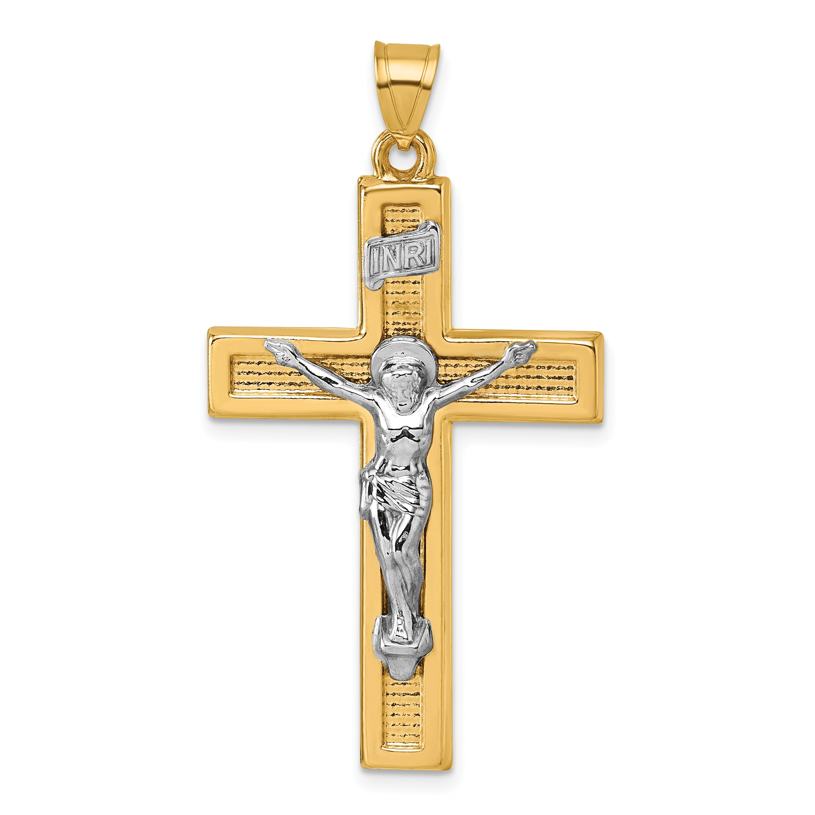 14k with White Rhodium Polished INRI Crucifix Cross Pendant