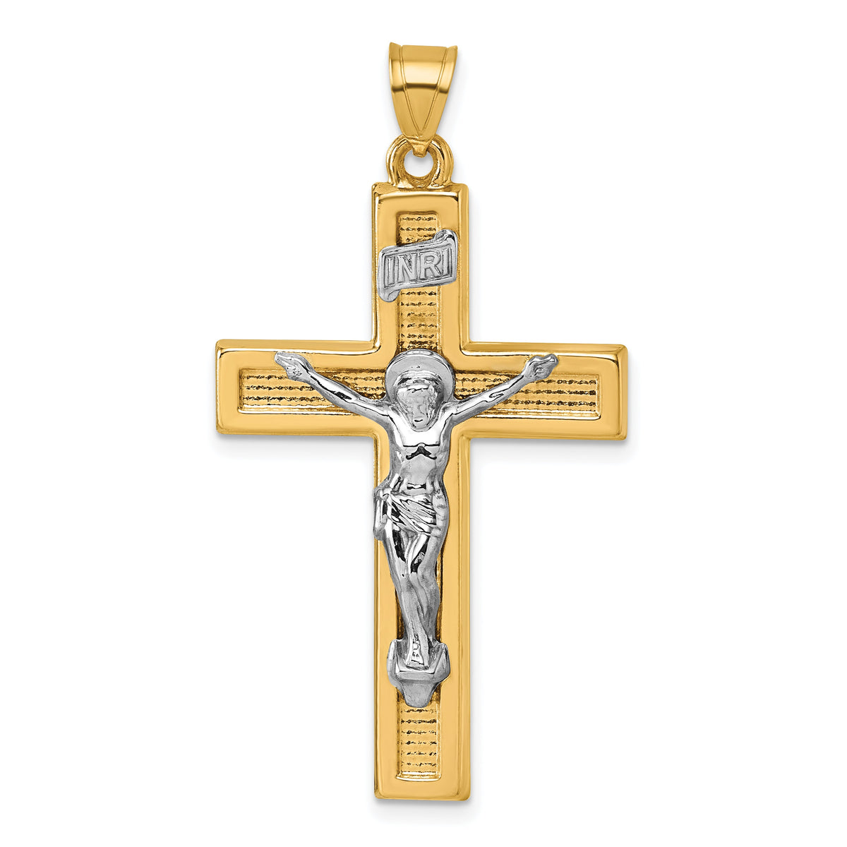 14k with White Rhodium Polished INRI Crucifix Cross Pendant
