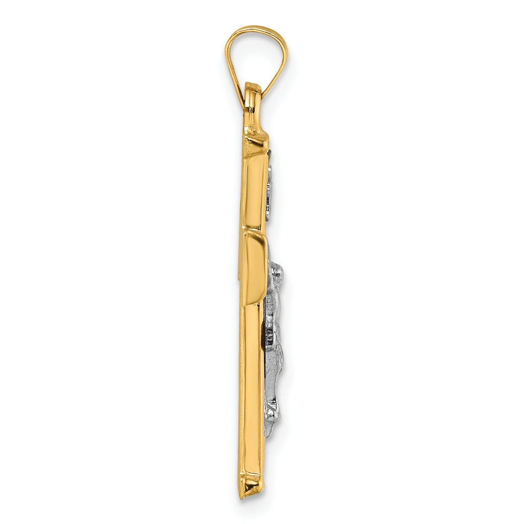 14k with White Rhodium Polished and Textured INRI Crucifix Cross Pendant
