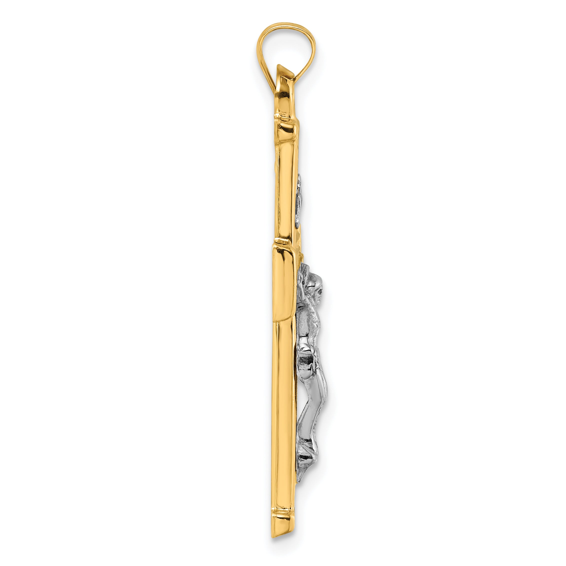 14k with White Rhodium Polished and Textured INRI Crucifix Cross Pendant