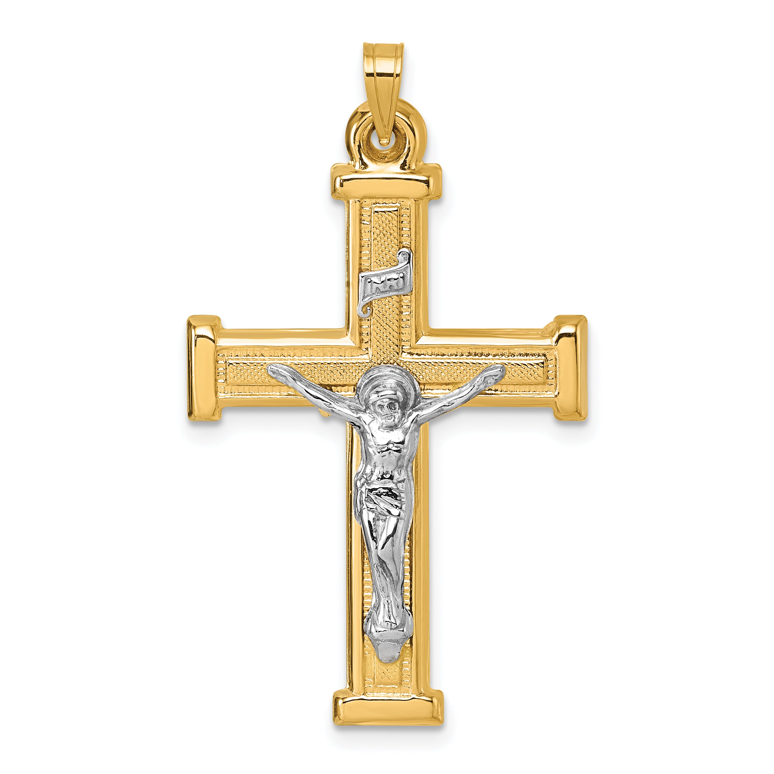 14k with White Rhodium Polished and Textured INRI Crucifix Cross Pendant Main image