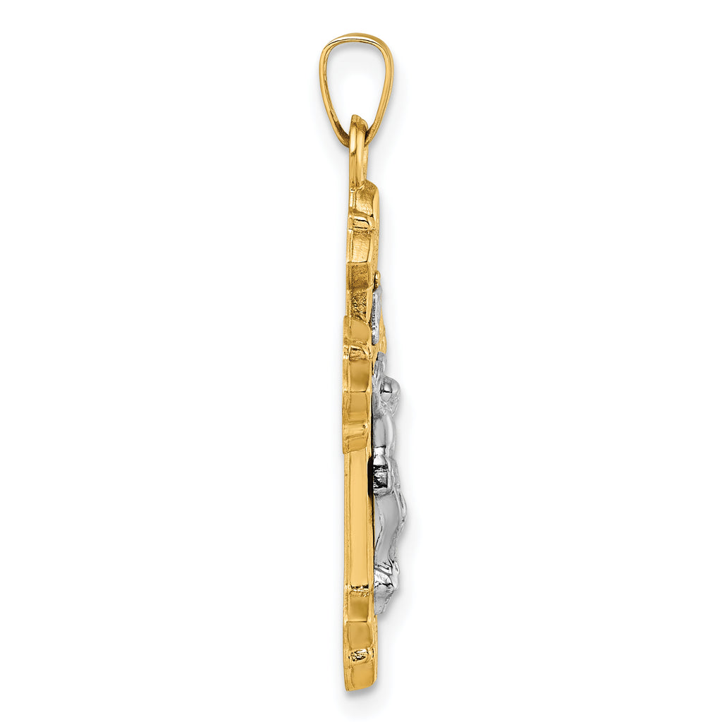 14k with White Rhodium Polished Fleur de Lis INRI Crucifix Cross Pendant