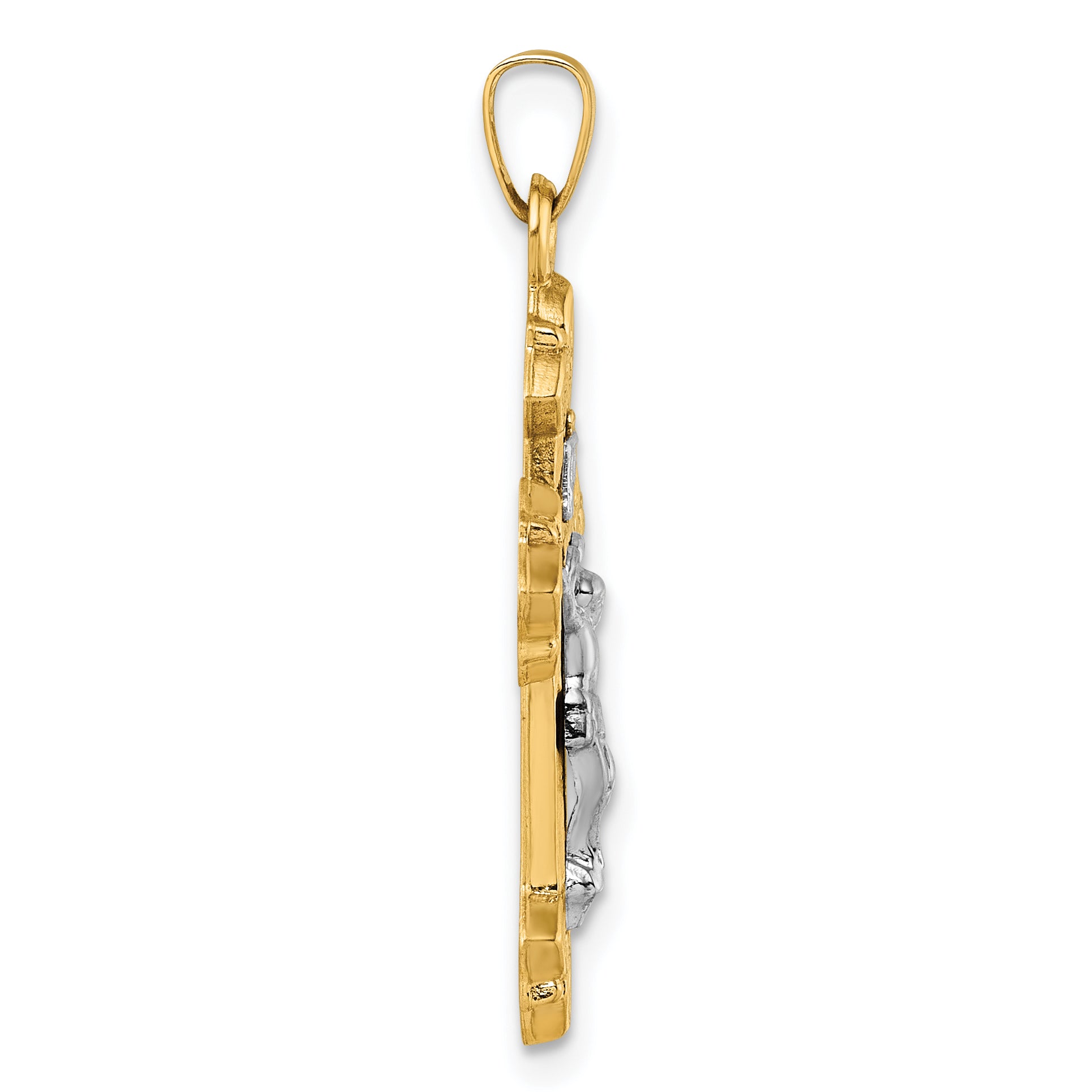 14k with White Rhodium Polished Fleur de Lis INRI Crucifix Cross Pendant