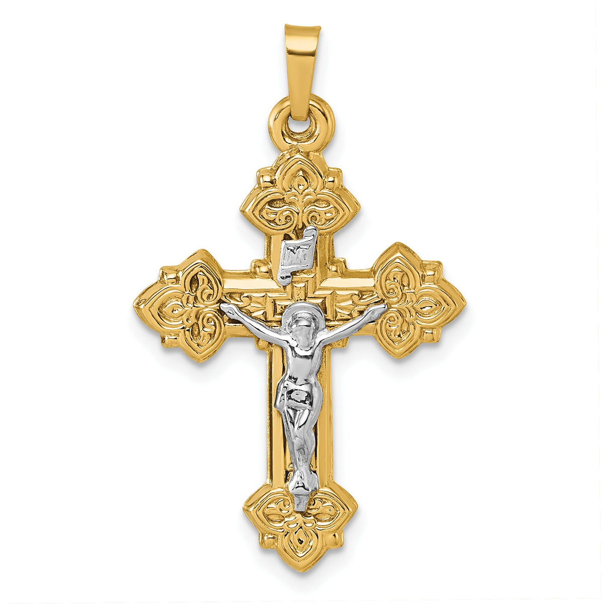 Fleur-de-Lis INRI Crucifix Pendant in 14K Two-Tone Gold, 36mm Textured - Sophia Jewelers Main image
