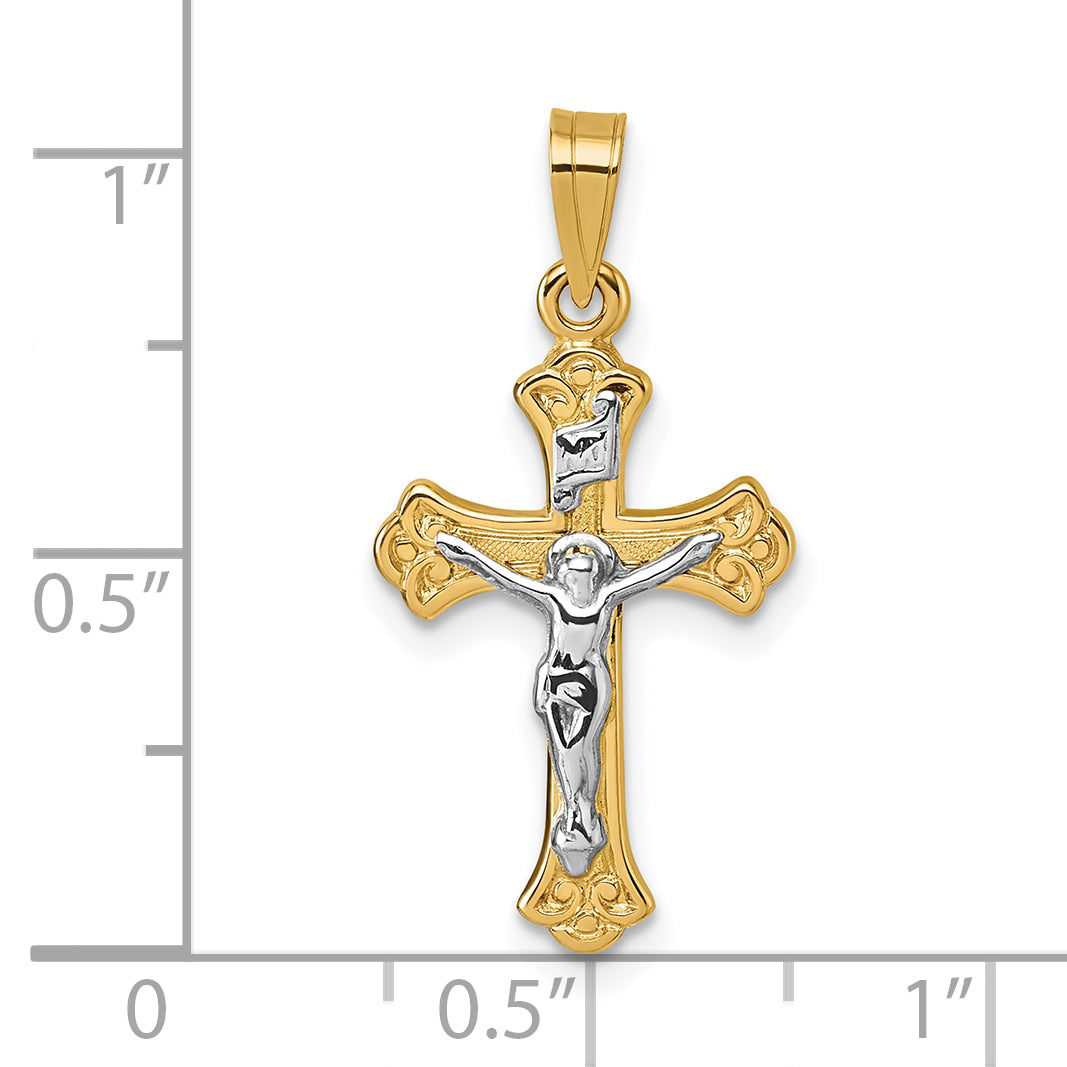 14k with White Rhodium Polished Fleur de Lis INRI Crucifix Cross Pendant