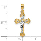 14k with White Rhodium Polished Fleur de Lis INRI Crucifix Cross Pendant