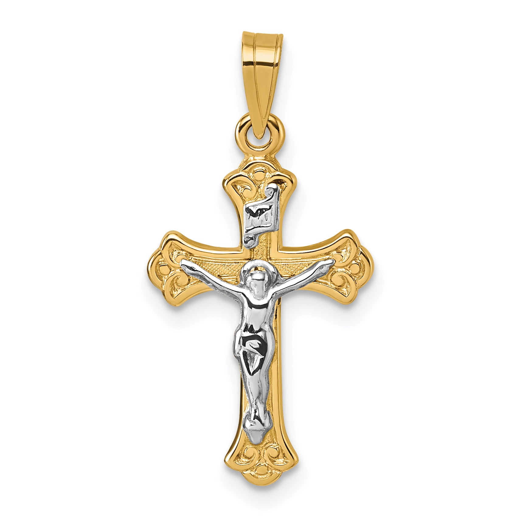 14k with White Rhodium Polished Fleur de Lis INRI Crucifix Cross Pendant Main image