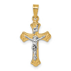 14k with White Rhodium Polished Fleur de Lis INRI Crucifix Cross Pendant