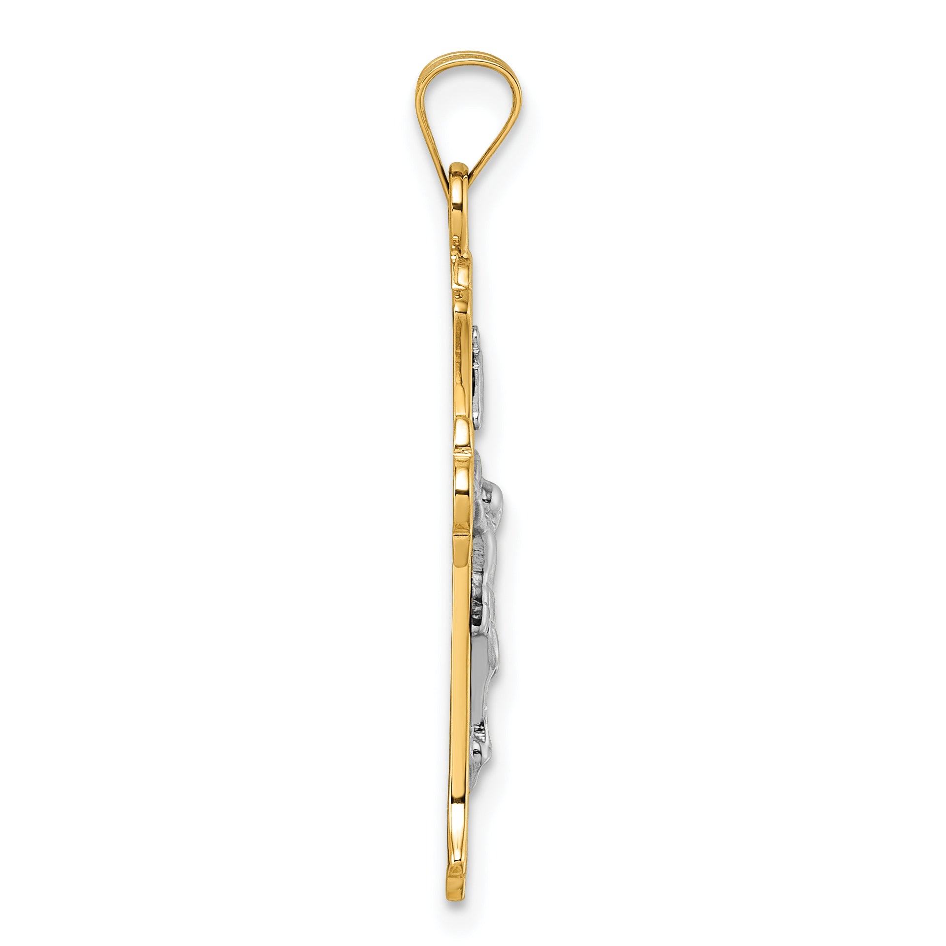 14k with White Rhodium Polished Fleur de Lis INRI Crucifix Cross Pendant