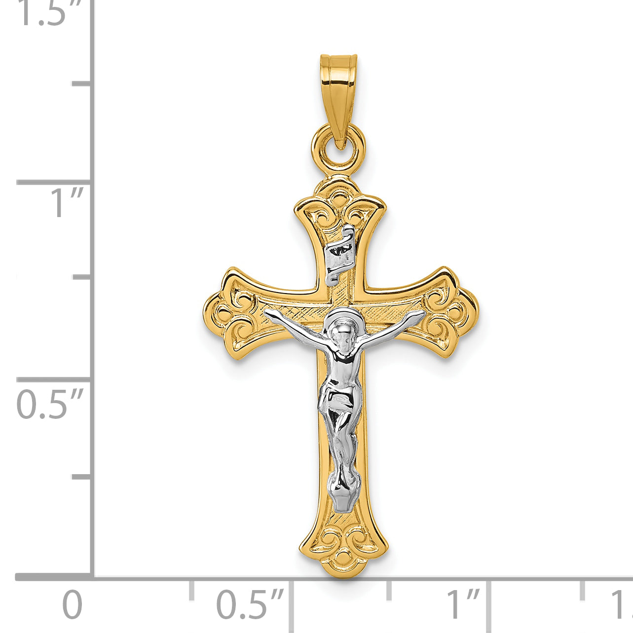 14k with White Rhodium Polished Fleur de Lis INRI Crucifix Cross Pendant