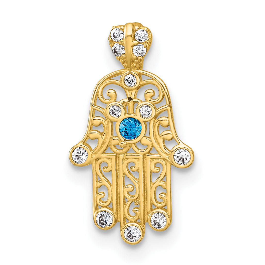 14k Polished White and Blue CZ Hamsa Chain Slide Pendant Main image