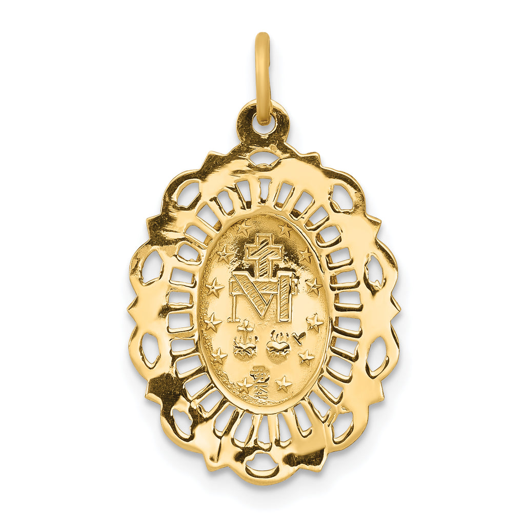14K Yellow Gold Polished Solid Miraculous Medal Scalloped Edge Oval Pendant