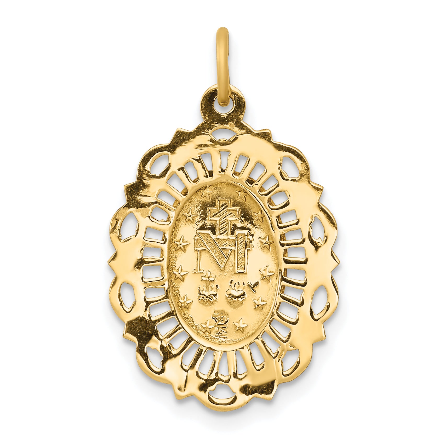 14K Yellow Gold Polished Solid Miraculous Medal Scalloped Edge Oval Pendant