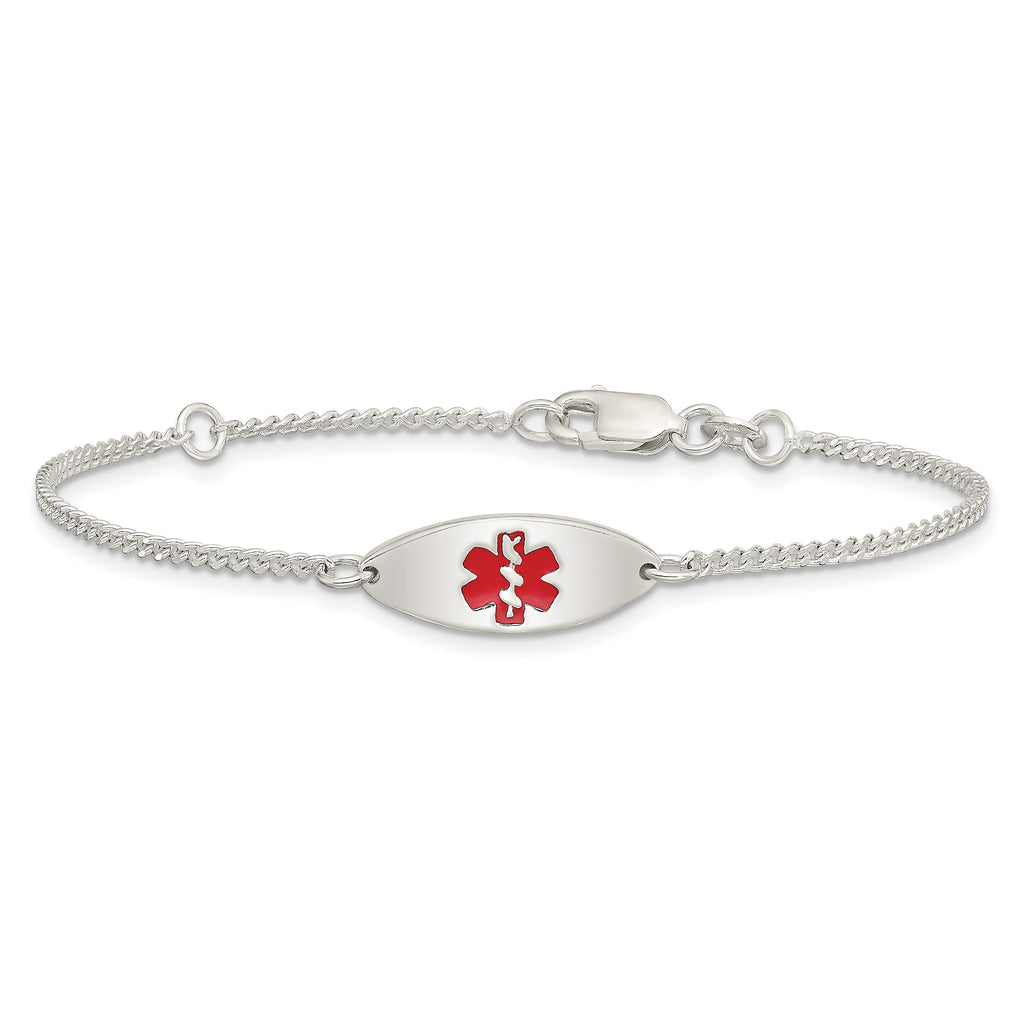 Sterling Silver Rhodium-plated Curb Link Centered Red Enamel 18x7mm Oval Plate 7 inch Medical ID Bracelet