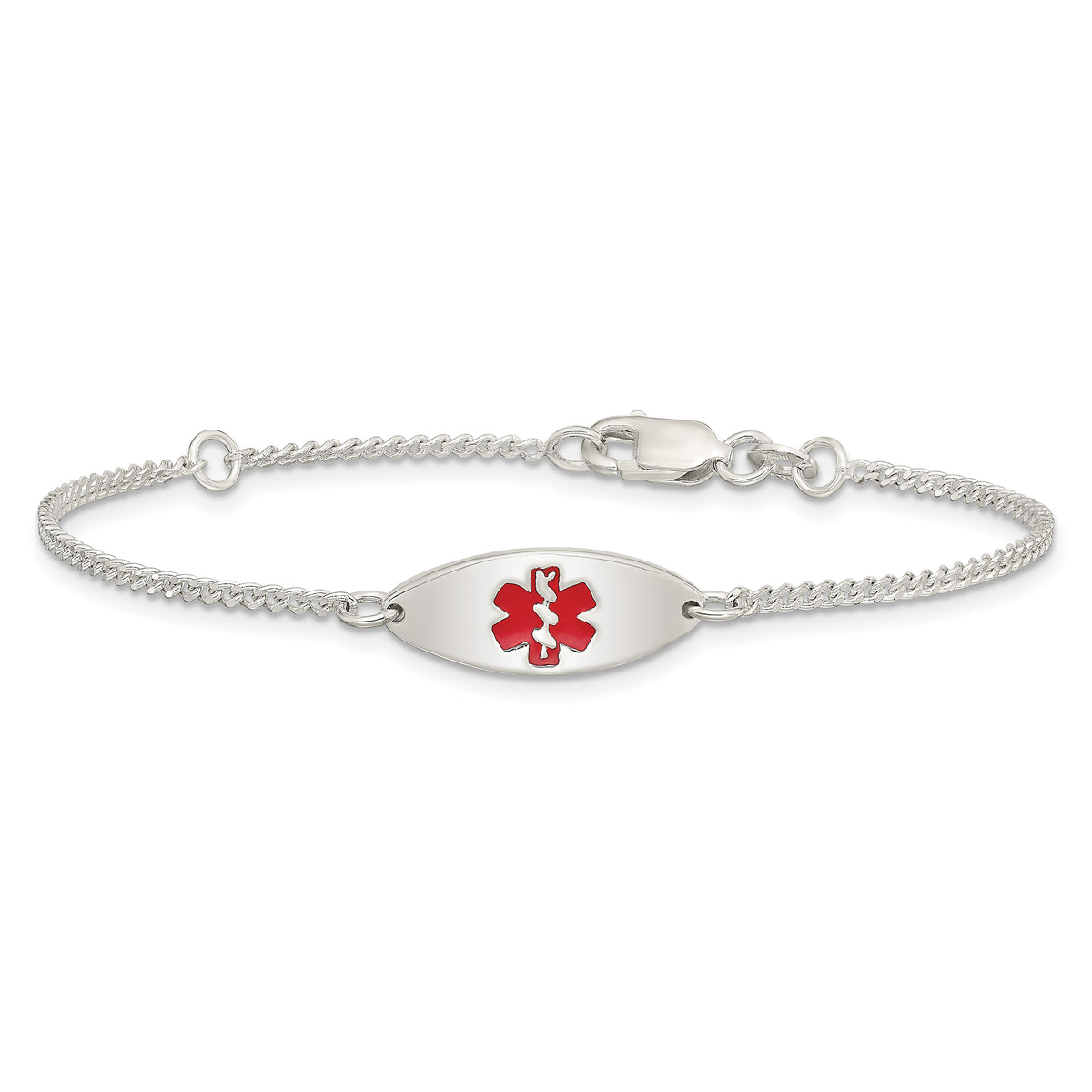 Sterling Silver Rhodium-plated Curb Link Centered Red Enamel 18x7mm Oval Plate 7 inch Medical ID Bracelet