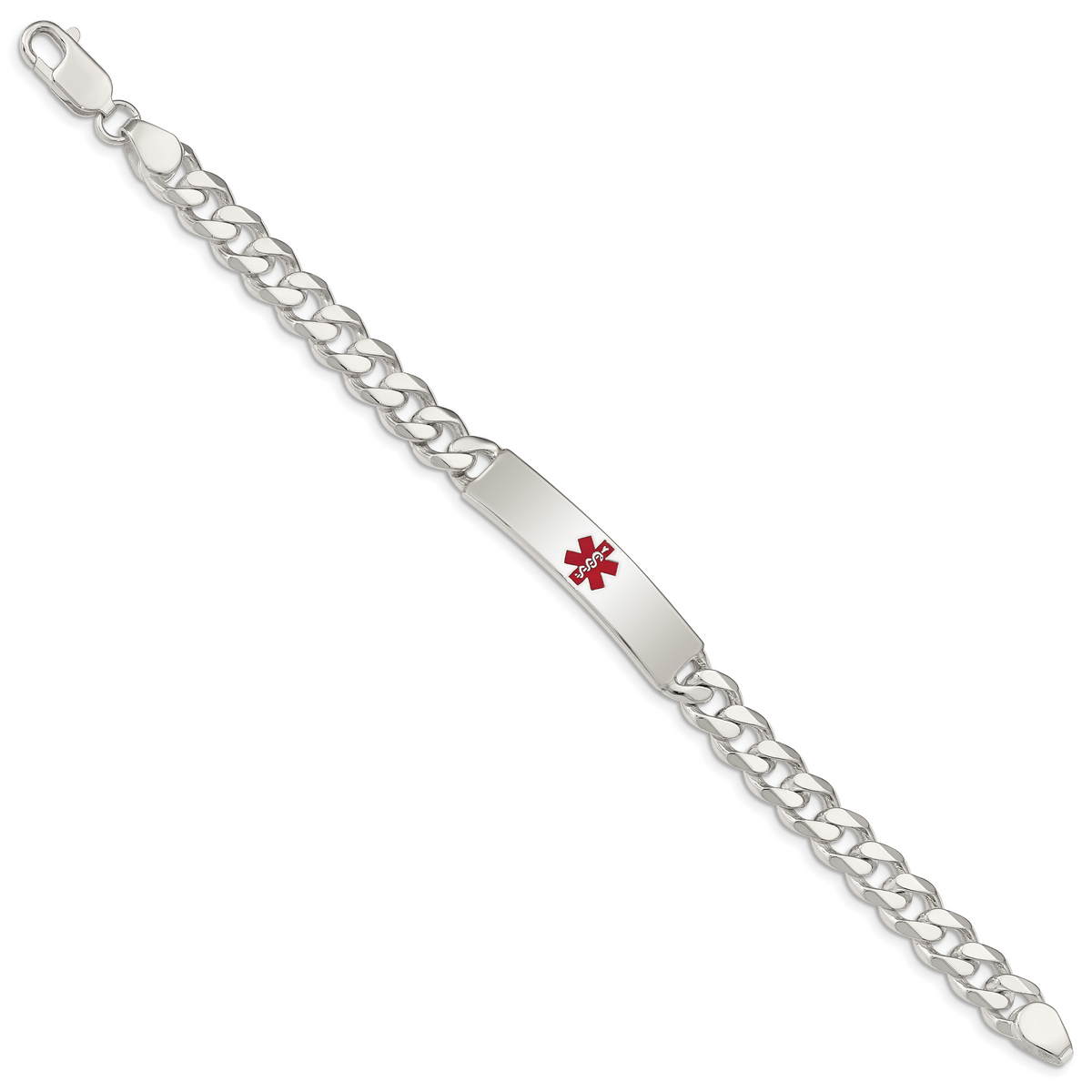 Sterling Silver Polished Curb Link Centered Red Enamel 37x9mm Plate 7.5 inch Medical ID Bracelet