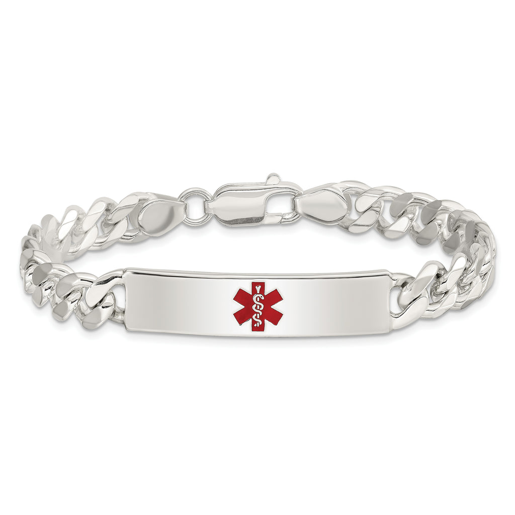 Sterling Silver Polished Curb Link Centered Red Enamel 37x9mm Plate 7.5 inch Medical ID Bracelet