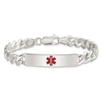 Sterling Silver Polished Curb Link Centered Red Enamel 37x9mm Plate 7.5 inch Medical ID Bracelet