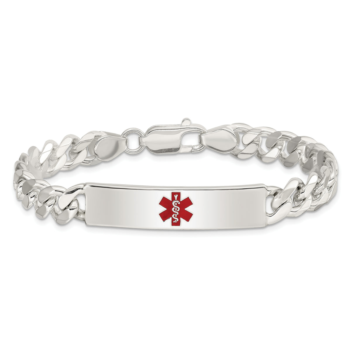 Sterling Silver Polished Curb Link Centered Red Enamel 37x9mm Plate 7.5 inch Medical ID Bracelet