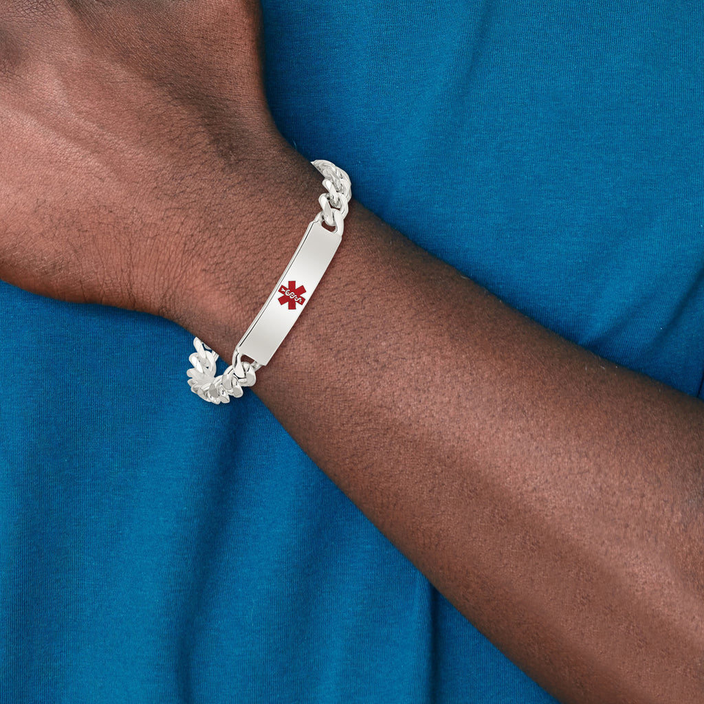 Sterling Silver Polished Curb Link Centered Red Enamel 37x9mm Plate 7.5 inch Medical ID Bracelet