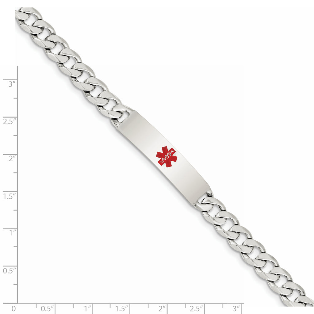 Sterling Silver Polished Curb Link Centered Red Enamel 37x9mm Plate 7.5 inch Medical ID Bracelet