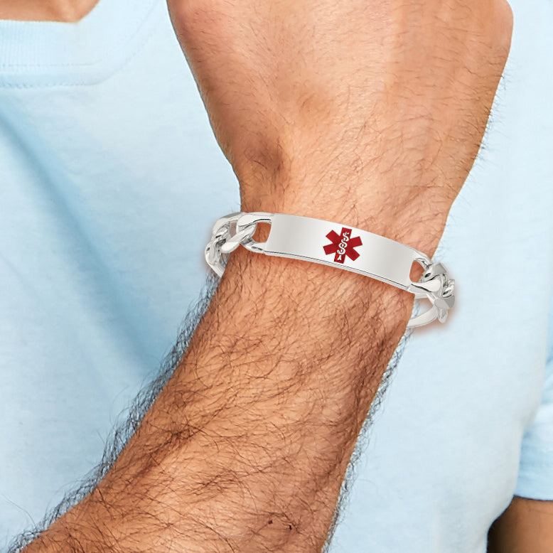 Sterling Silver Polished Medical Figaro Anchor Link ID Bracelet