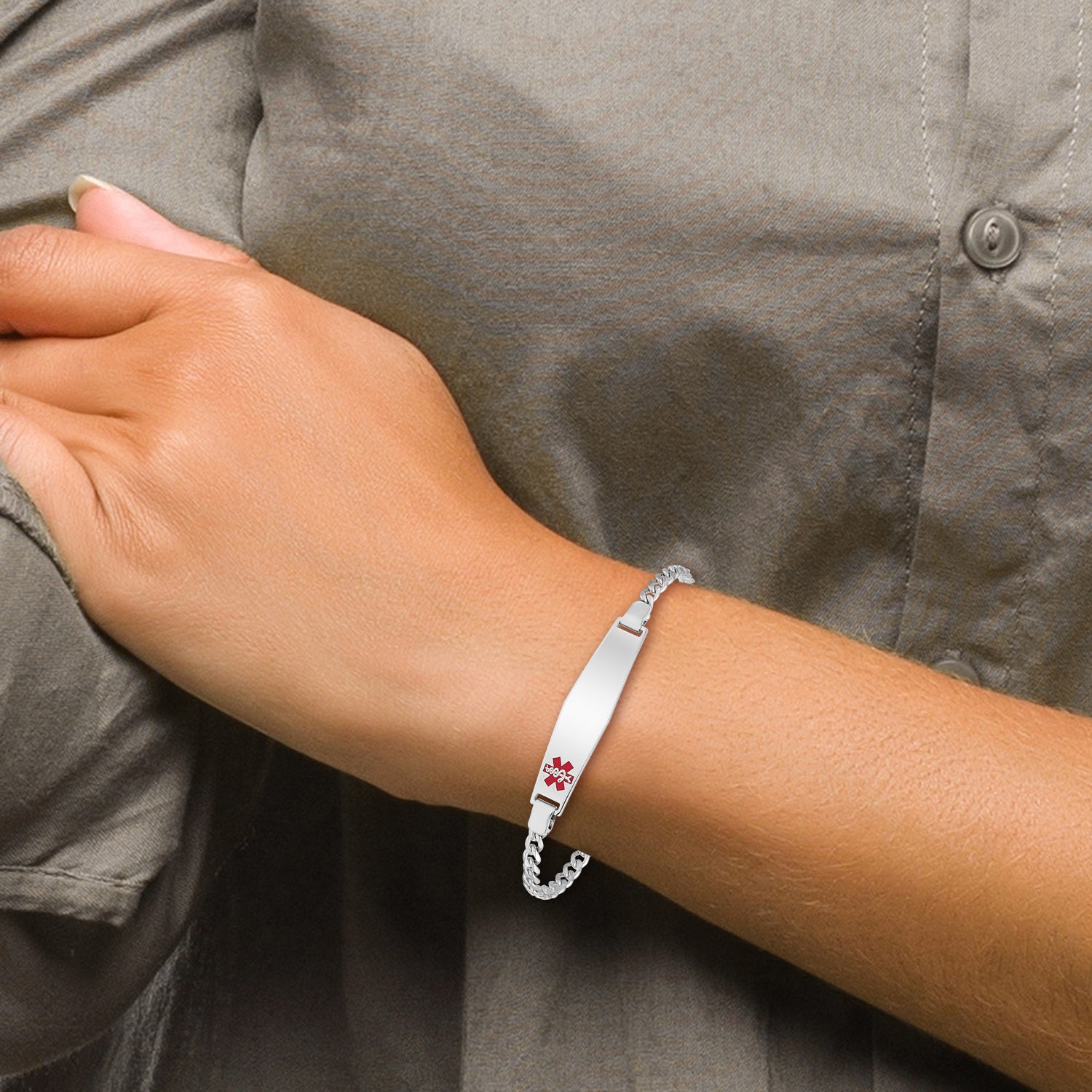 Women's Sterling Silver Rhodium-Plated Curb Medical ID Bracelet 4mm