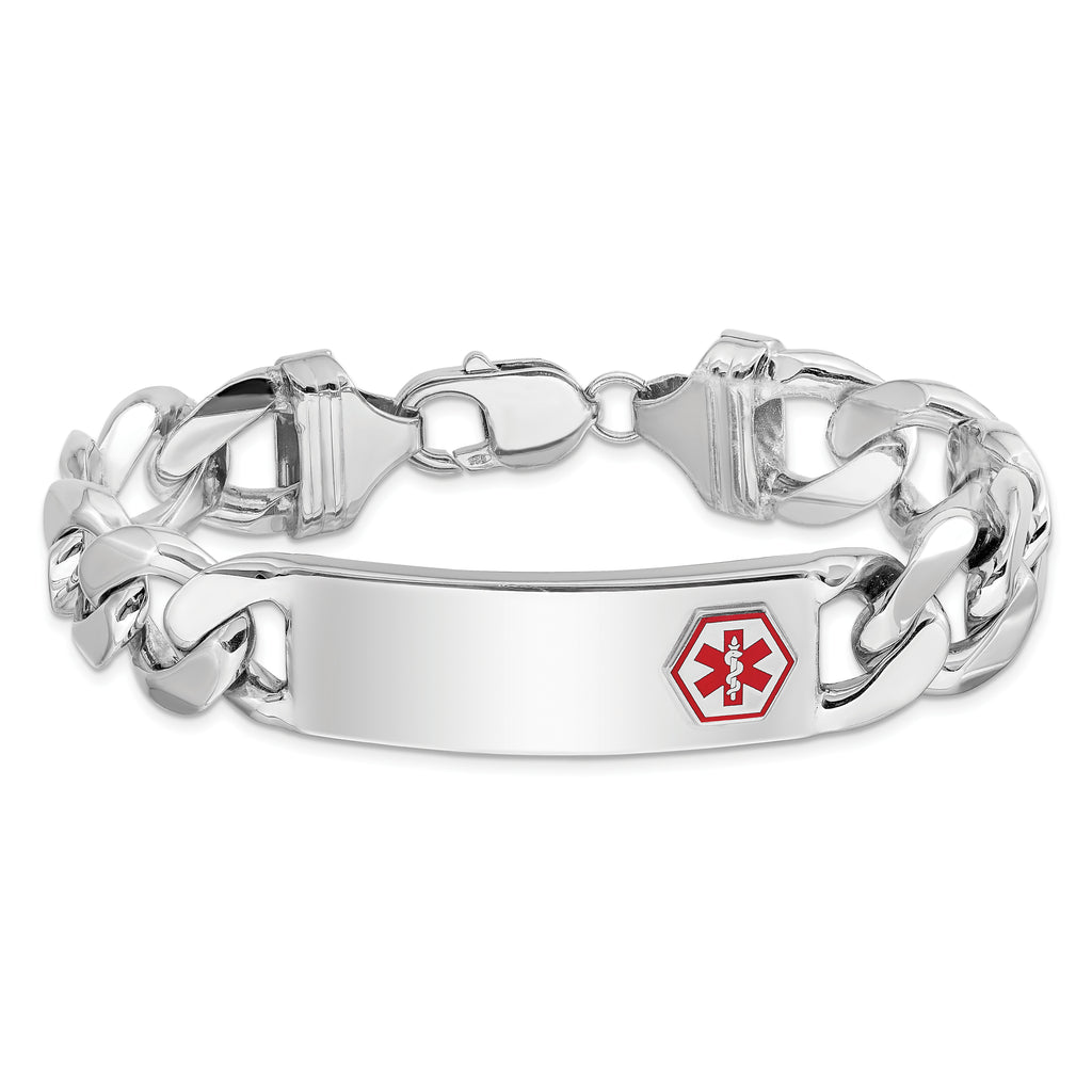 Sterling Silver Rhodium-plated Curb Link Off-Center Red Enamel 40x15mm Plate 8 inch Medical ID Bracelet