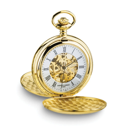 Charles Hubert 14k Gold-finish White Skeleton Dial Pocket Watch