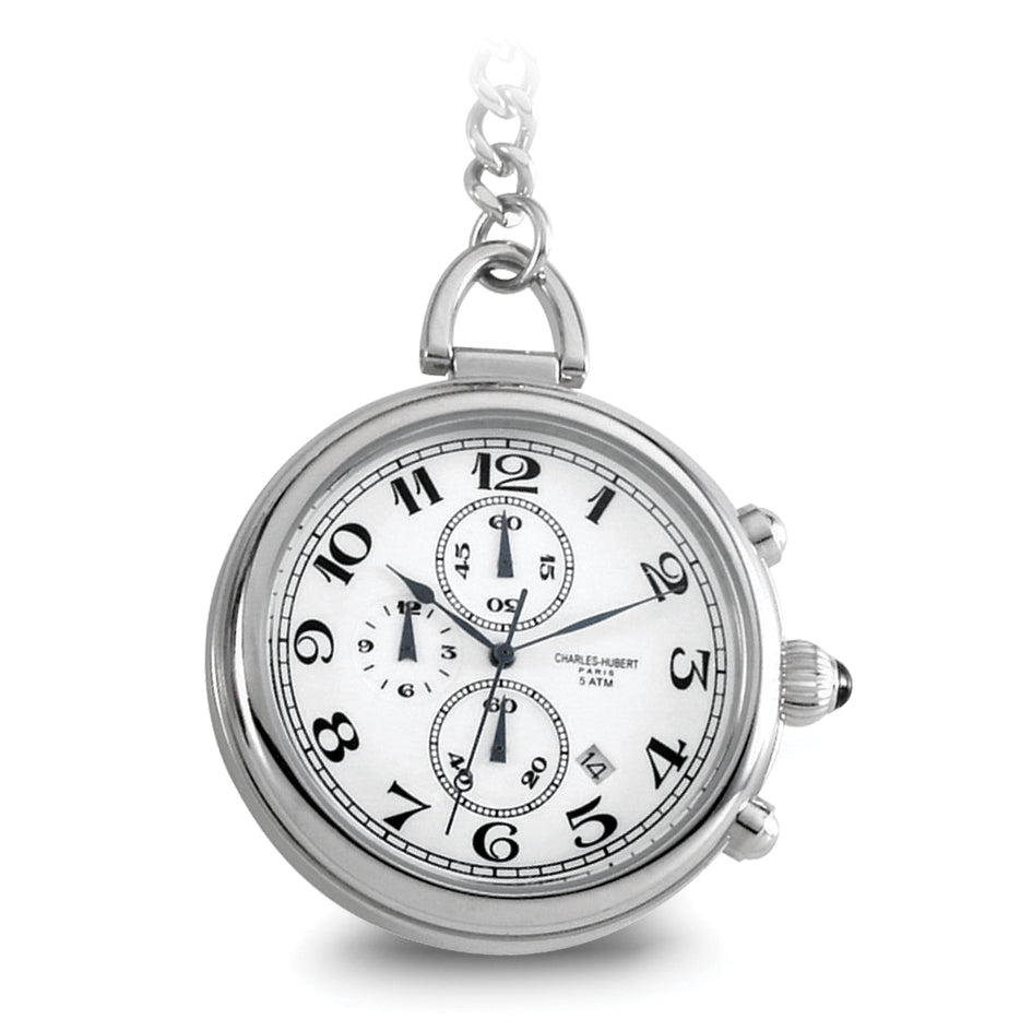 Charles Hubert Solid Stainless Steel White Dial Pocket Watch