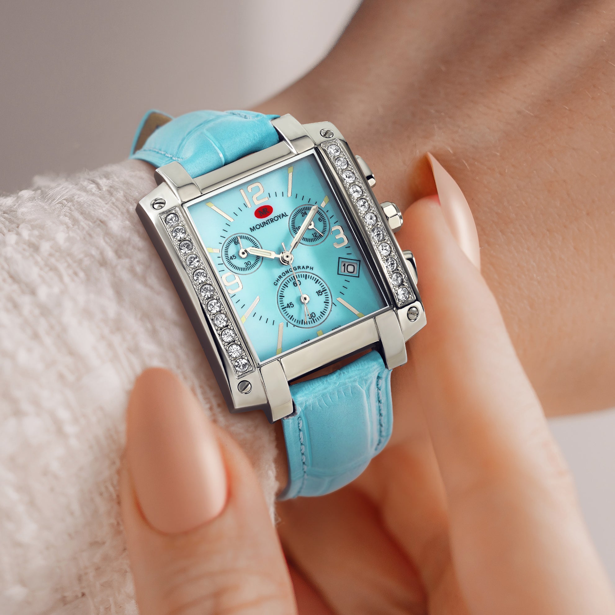 Ladies Mountroyal Blue Leather CZ Chrono Watch