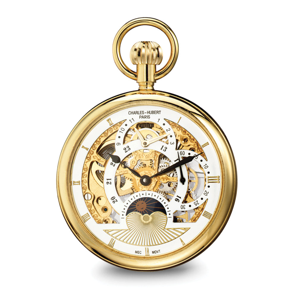 Charles Hubert IP-plated Stainless Open Face Dual Time Pocket Watch