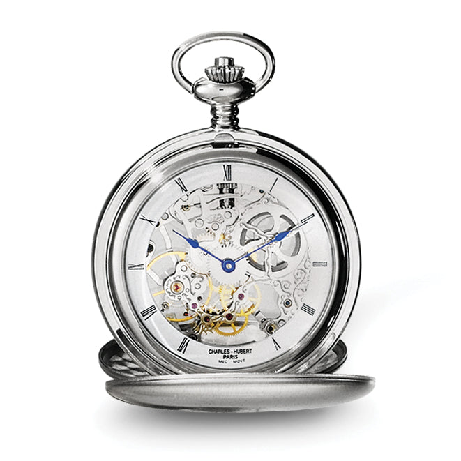 Charles Hubert Stainless Steel Double Cover Satin Pocket Watch