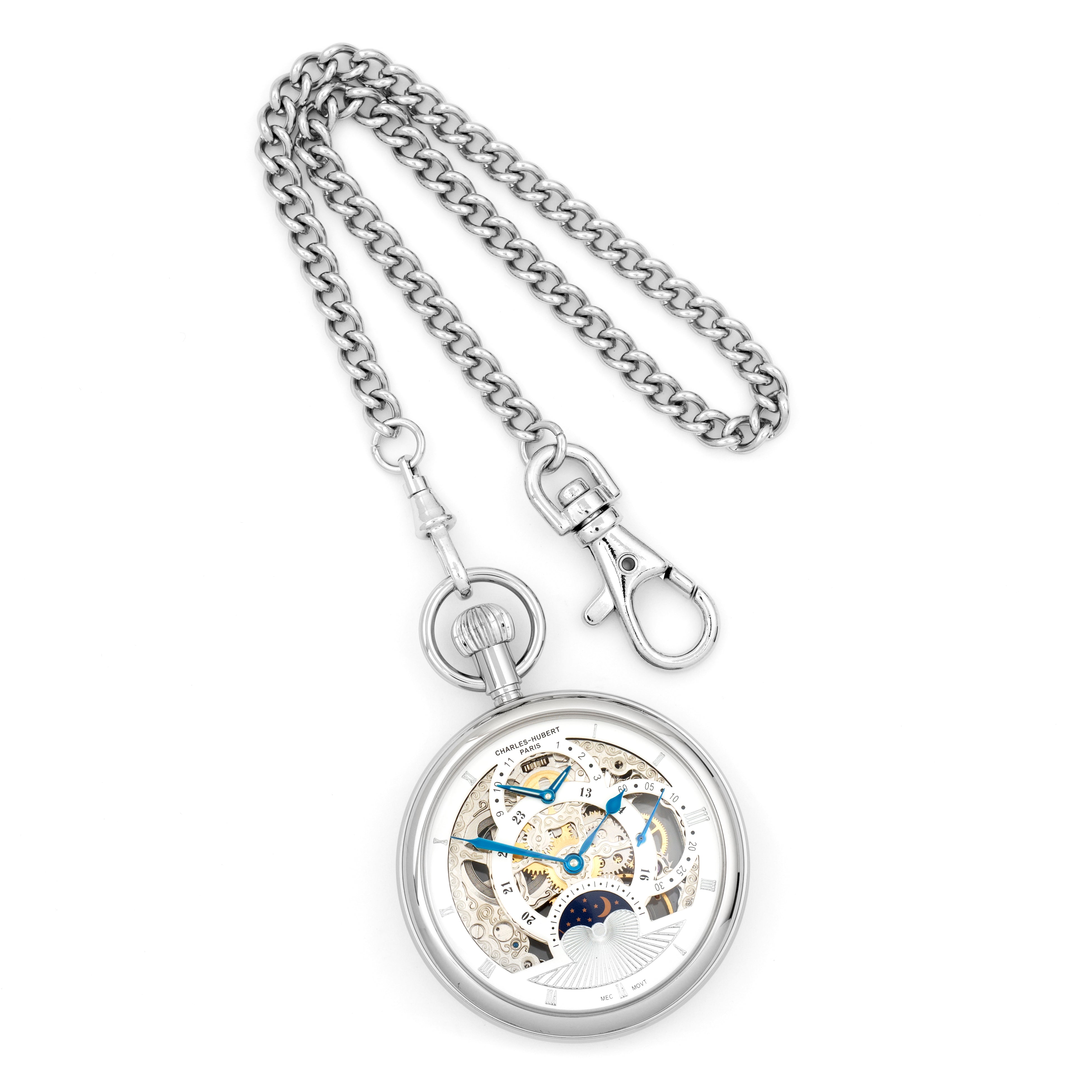 Charles Hubert Stainless Steel Open Face Skeleton Dual Time Pocket Watch