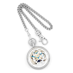 Charles Hubert Stainless Steel Open Face Skeleton Dual Time Pocket Watch
