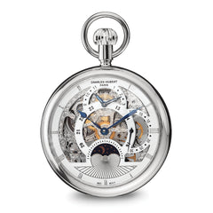Charles Hubert Stainless Steel Open Face Skeleton Dual Time Pocket Watch