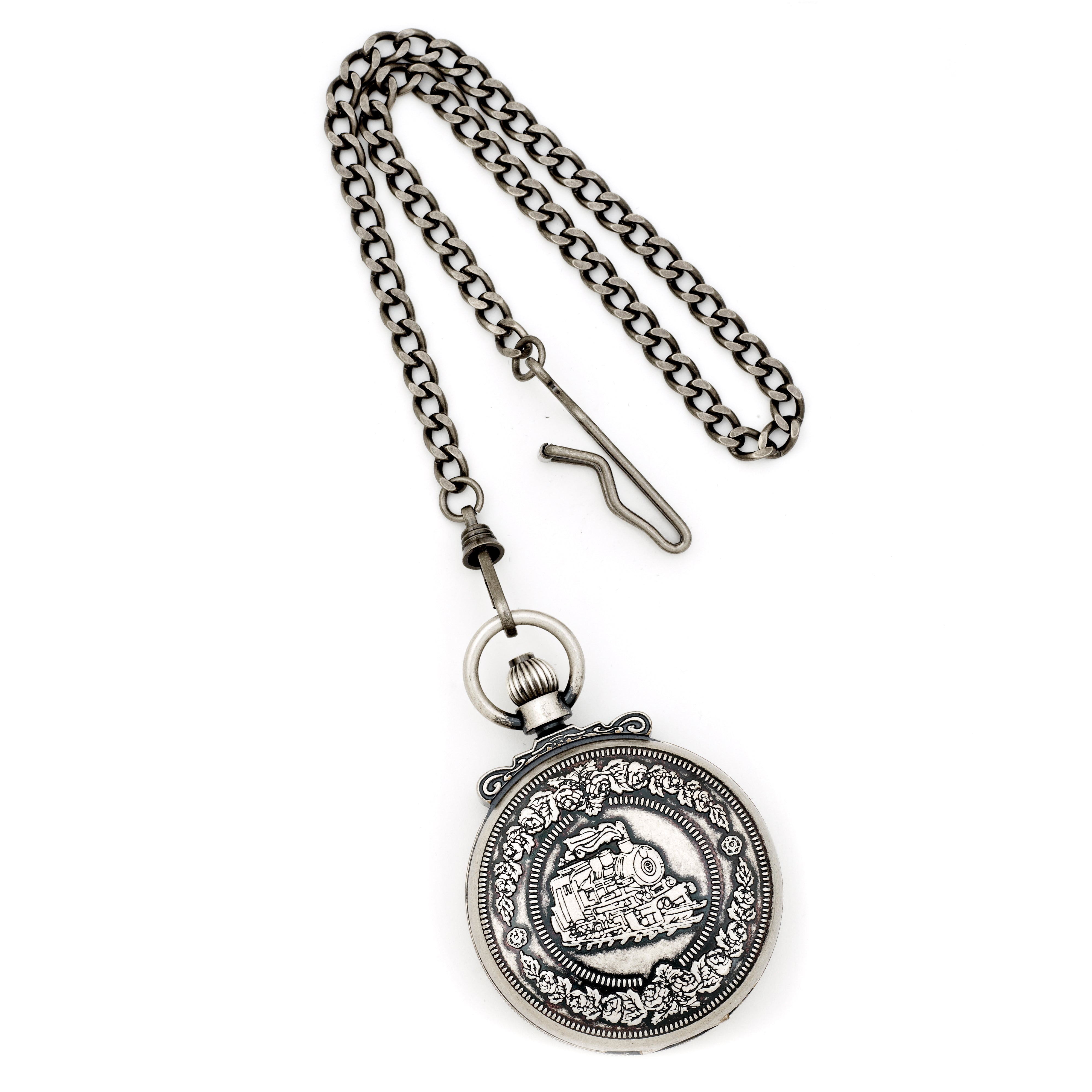 Charles Hubert Antique Chrome-finish Steam Engine Pocket Watch