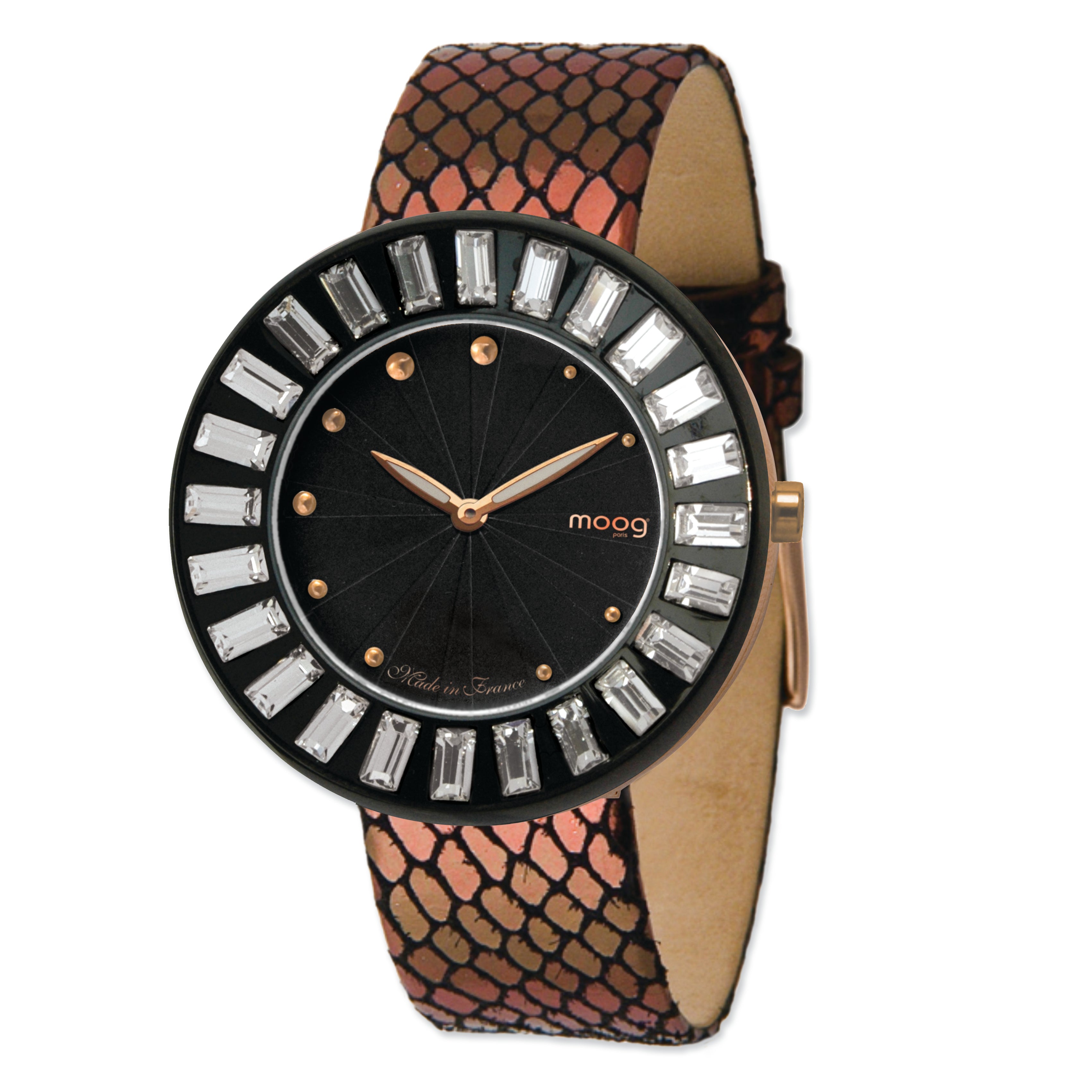 Moog Rose/Blk-pltd Crystl Blk Dial Watch w/(ME-ARG) Cppr Metallic Band